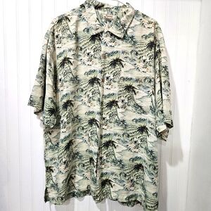 Tommy Bahama Silk Shirt Mens Beige Hawaiian Island Palm Tree Print XL